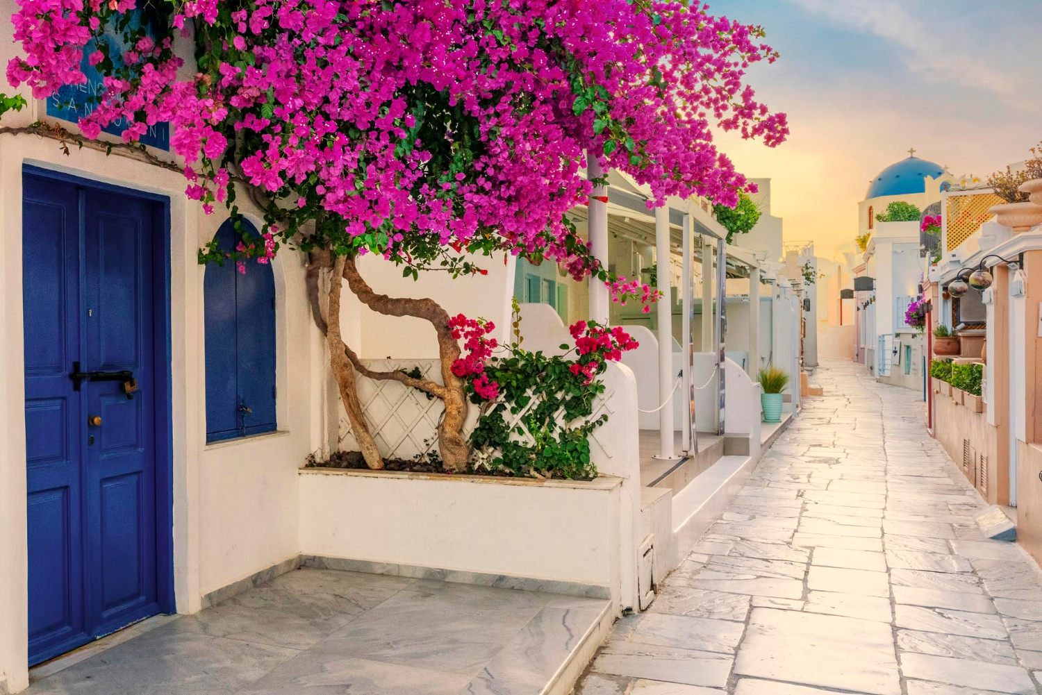 Vue sur une jolie rue fleurie en Crete